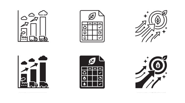 Eco-friendly industrial growth and environmental compliance report icons showing emission charts and leaf targets