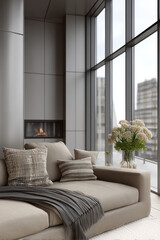 Obraz premium Modern living room luxury interior beige sofa floor to ceiling window city view fireplace throw blanket flower vase soft daylight