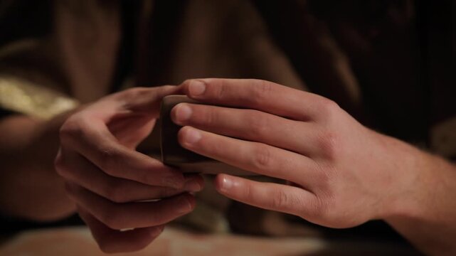 "Preparing to write cuneiform on a clay tablet in the style of ancient Mesopotamia, historical reenactment."