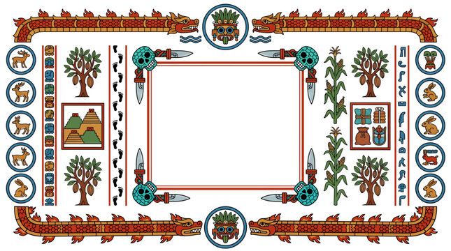 Mixtec Pre-Columbian Codex Border Frame Vector Set with Year Bearer Day Glyph Turquoise Skull Rain God Footprint Fire Serpent Stepped Hill and Heritage Design