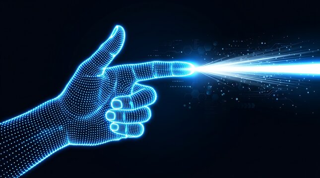 Digital hand pointing at futuristic neon data stream in dark cyber space