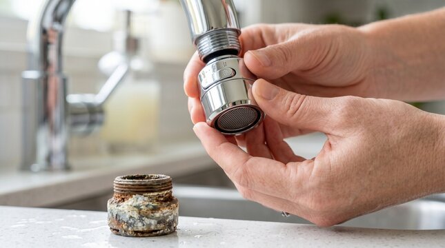 Close-up of male hands fixing, installing, or cleaning a modern chrome pull-out faucet nozzle head in a kitchen environment.
