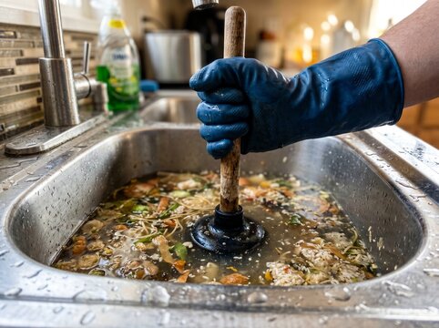 Hand in blue rubber glove using a plunger to clear a badly clogged kitchen sink filled with dirty water, food scraps, and organic debris.