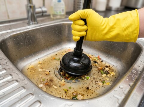 Hand in yellow glove pushing a black plunger to unblock a clogged kitchen sink full of dirty water and food leftovers.