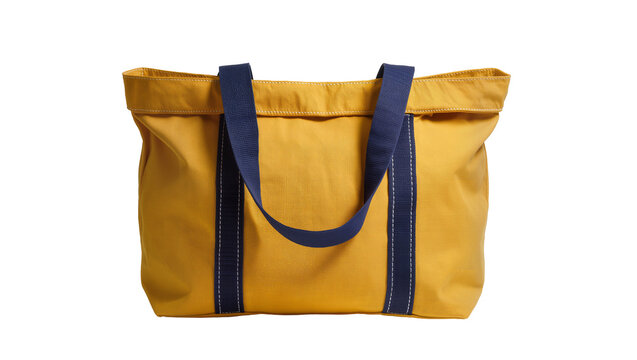 Yellow canvas tote bag with navy blue straps, isolated on transparent background