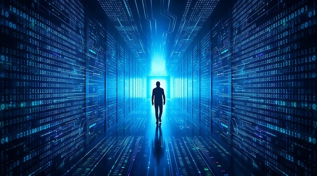 Silhouette walking through futuristic digital data tunnel with glowing blue light