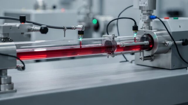 Medium shot of a realtime spectrophotometer station monitoring color intensity as dye flows through a transparent tube highlighting precise inline quality control