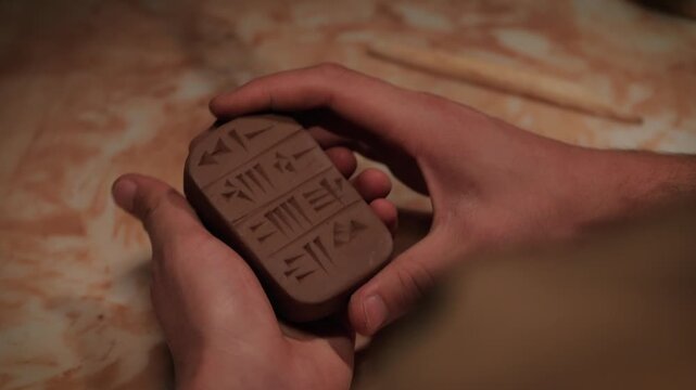"Close-up of cuneiform inscriptions on a clay tablet in the style of ancient Mesopotamia, historical reenactment."