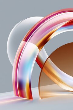 Abstract glass bubble rings with iridescent colors and glossy gradient arches on a minimal background