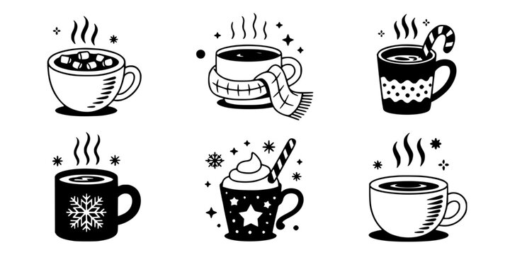 Coffee Cup with Steam and Winter Icons on Mug, Ice Crystal, Star Spark and Heart Detail, Decorative Holiday Vector Style