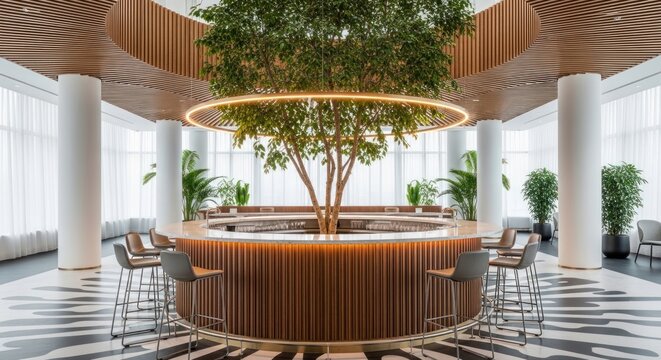 Stylish modern interior with a large central tree, illuminated bar, and elegant lounge seating, showcasing biophilic architectural design.