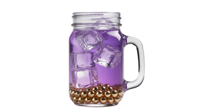 Glass mason jar with purple liquid ice cubes and golden spheres, isolated on transparent background