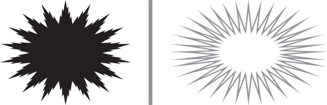 Black jagged starburst and grey radial sunburst vector icons with sharp spikes and thin rays for graphic design elements