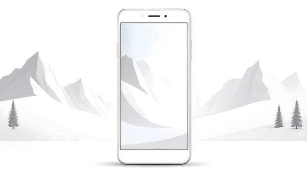 White phone displays snowy mountain scene on screen, with sparse trees in grayscale
