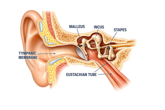 3D middle ear anatomy illustration isolated on white background with labeled auditory structures for medical education, healthcare training, and clinical reference.


