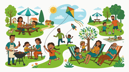 Fototapeta premium Flat Vector Illustration Family Picnic Park Activities Summer Day Commercial Use