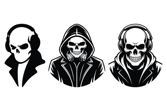 Three human skulls wearing hoodies and headphones in black and white skeleton jacket