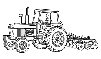 Obraz premium Farm Tractor Black White Line Art Agricultural Vehicle Vector Illustration