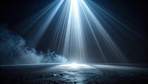 Dramatic light beams illuminate a smoky, dark environment with a textured ground.