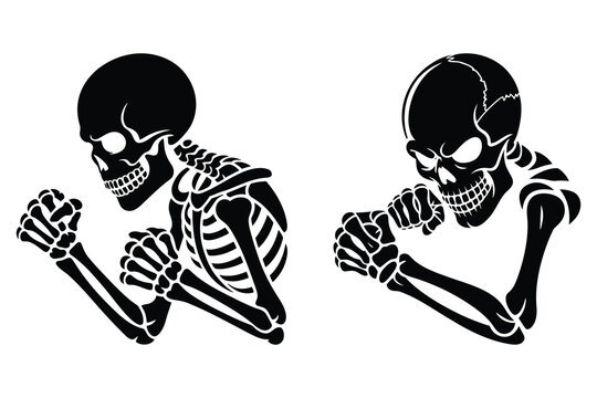 Two of a human skeleton in a fighting stance with clenched fists bones