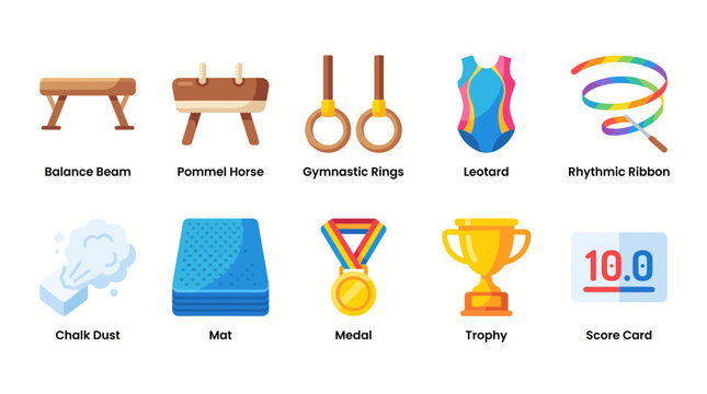 Colorful icons of sports equipment and medals.