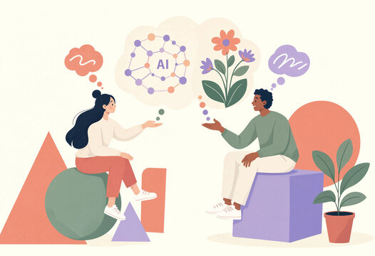 Man and Woman Communicating with Speech Bubbles and AI Icons &ndash; Conversation Concept Illustration
