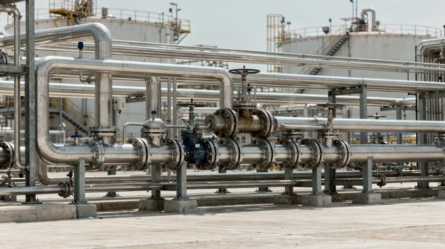 Medium shot of clean dry tank farm manifolds with neatly arranged pipelines and valves channeling semiprocessed intermediate fluids between processing units