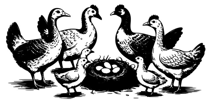Chickens and Chicks Gathered Around a Nest with Eggs in a Farm Setting Featuring Poultry, Birds, Illustration with Black and White and Drawing