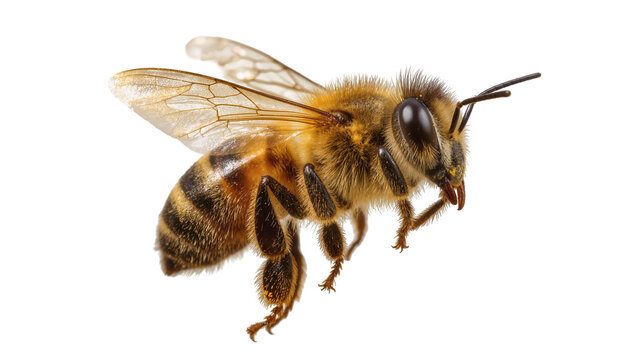 Detailed honey bee with fuzzy body and striped abdomen, isolated on transparent background