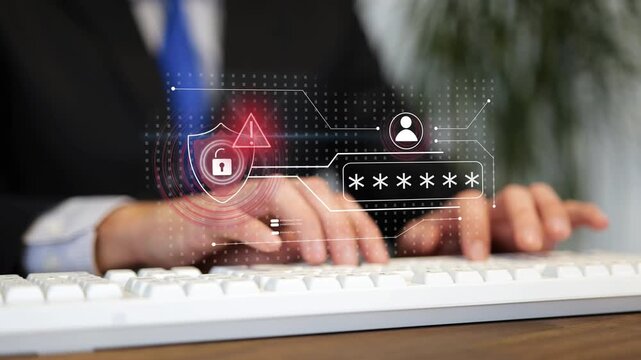 Businessman typing a password on a keyboard with a digital overlay transitioning from a green secure lock to a red warning alert icon. Ideal for cybersecurity breaches and data privacy concepts