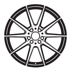 Obraz premium Black and white illustration of a modern car wheel with sleek design and five spokes on a plain background.