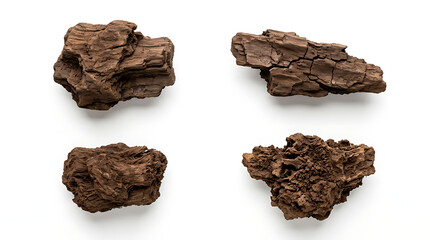 Fototapeta premium Four pieces of dark brown tree bark isolated on a white background