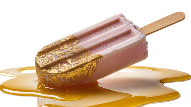Pink popsicle with golden leaf pattern melting into honey, isolated on transparent background