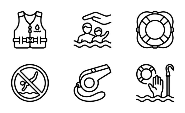 Water Safety Icons: Life Vest, Swimming, Lifesaver, No Diving, Whistle, Rescue