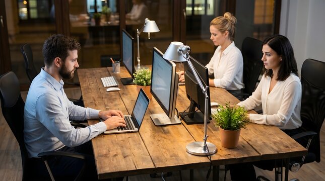 Professional business team working together on computers at a wooden office desk late at night