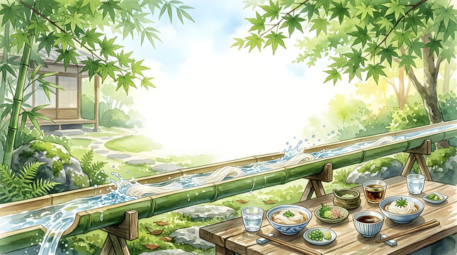 流しそうめんと打ち水と緑楓