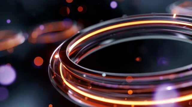 Glowing rings float in deep space-like darkness