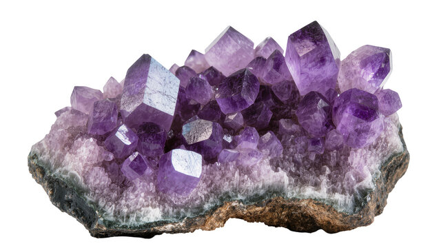 Cluster of sparkling purple amethyst crystals, isolated on transparent background