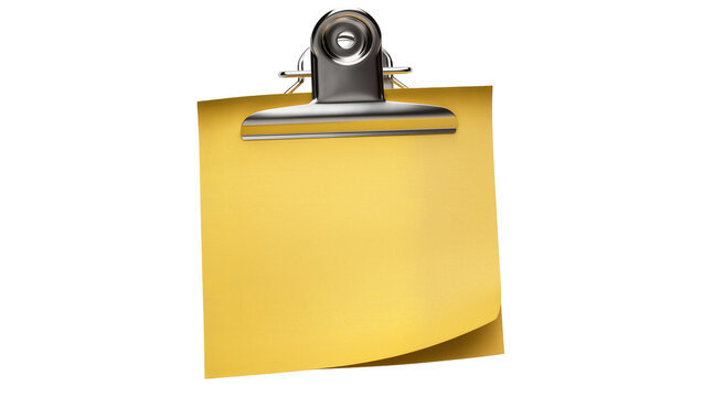 Shiny metal binder clip holding a yellow paper note, isolated on transparent background