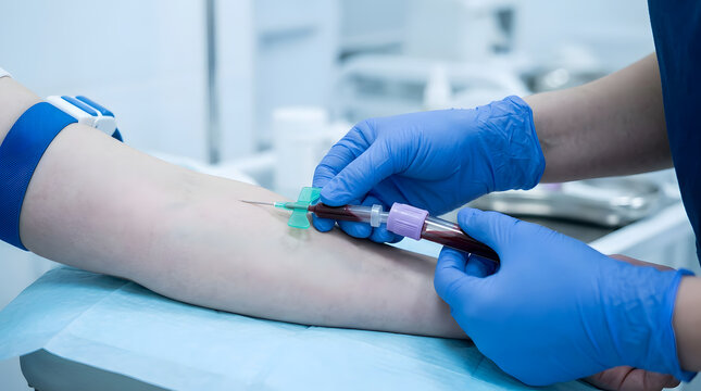 Medical professional in blue sterile gloves performing venipuncture to draw blood from patient arm using vacuum tube for laboratory diagnostic testing in modern clinic or hospital facility.