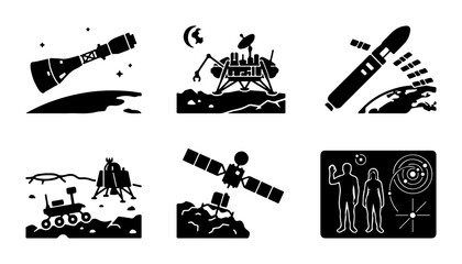 Space Exploration Icons: Rocket, Rover, Satellite, Lunar Lander, Astronauts © Harun