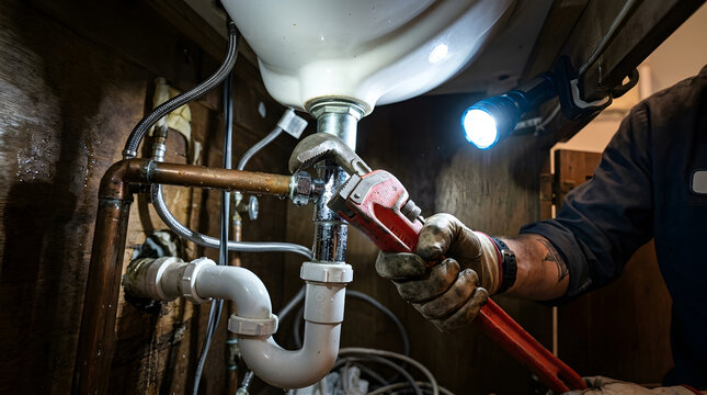 Professional plumber using a heavy-duty red pipe wrench to repair a leaking sink drain under a kitchen cabinet, illuminated by a bright flashlight, showcasing expert plumbing maintenance and repair.