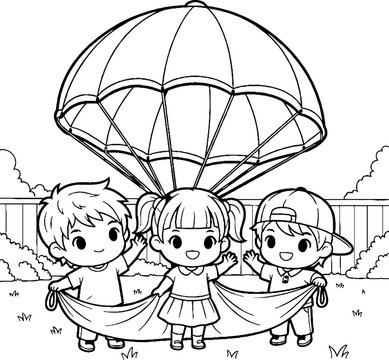 Three children happily holding large parachute outdoors together.