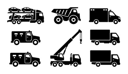Truck Icons Set: Transport, Delivery, Utility Vehicles Vector Graphics © Mousumi