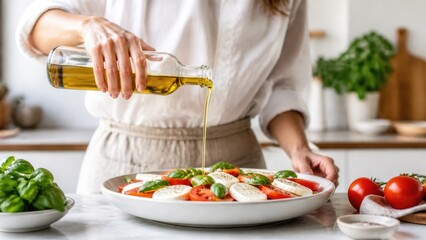 Naklejka premium Woman pours olive oil on salad of tomatoes and mozzarella in a bright kitchen during daylight hours