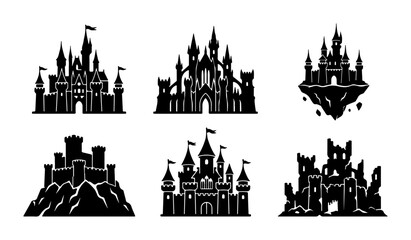 Fantasy Castle Silhouettes, Medieval Fortress Icons, Fairytale Kingdom Vector Set © Mehjabin