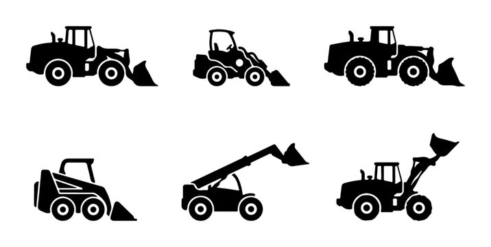 Construction Equipment Icons, Heavy Machinery Silhouettes, Loader Vector Set