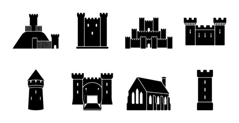 Medieval Castle Icons Set, Fortress Architecture Vector Collection © Fahmida