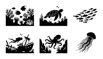 Ocean Life Silhouettes: Coral Reef, Turtle, Fish School, Diver, Octopus, Jellyfish © Shahidul
