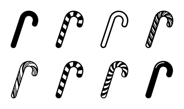 Candy Cane Icons Set, Festive Holiday Treats, Black and White Vector Graphics